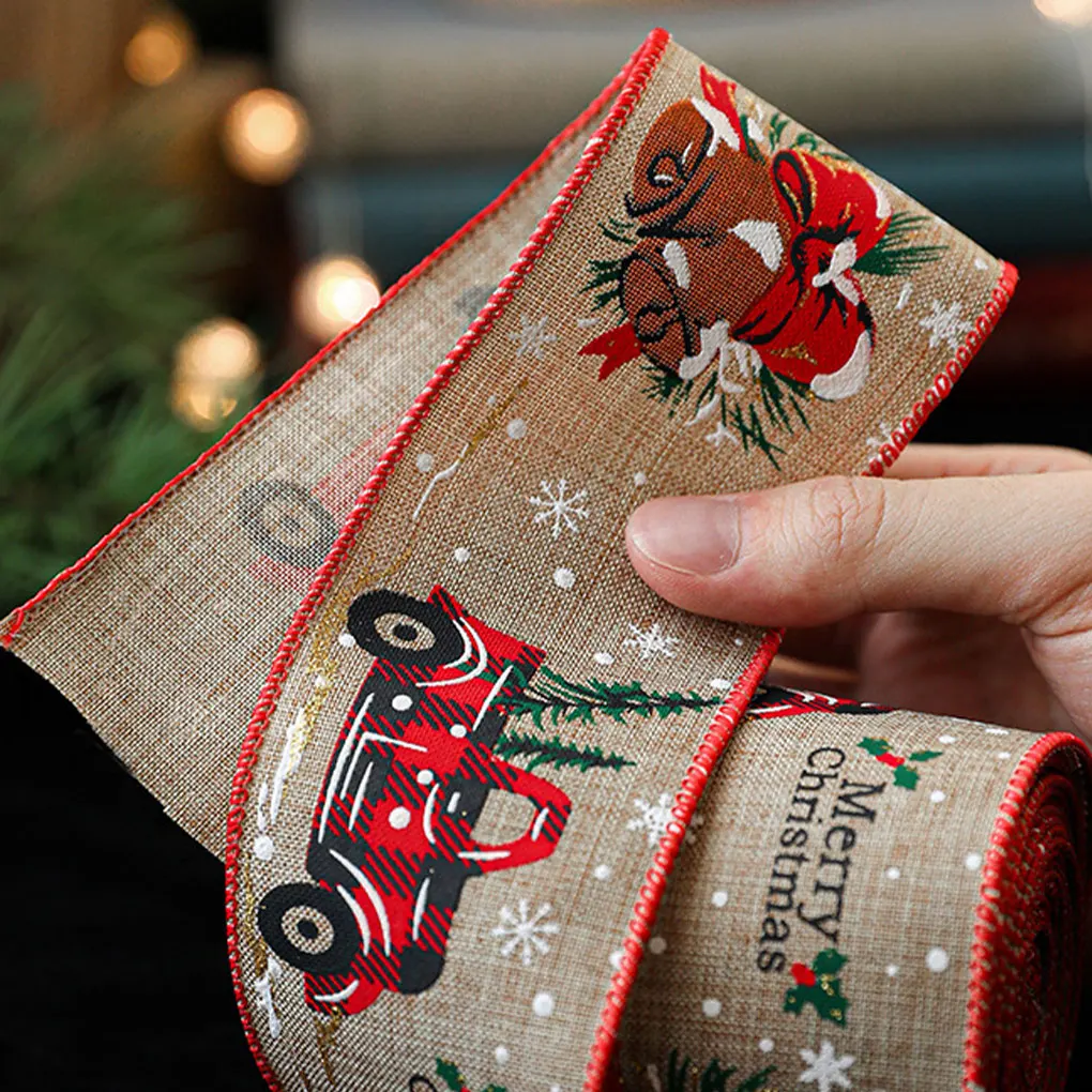 Christmas ribbon Ribbon decoration Ribbon supplies Craft ribbon Imitation hemp ribbon Wire edge Linen Christmas decoration Red and green Snowflake plaid 2M/Roll