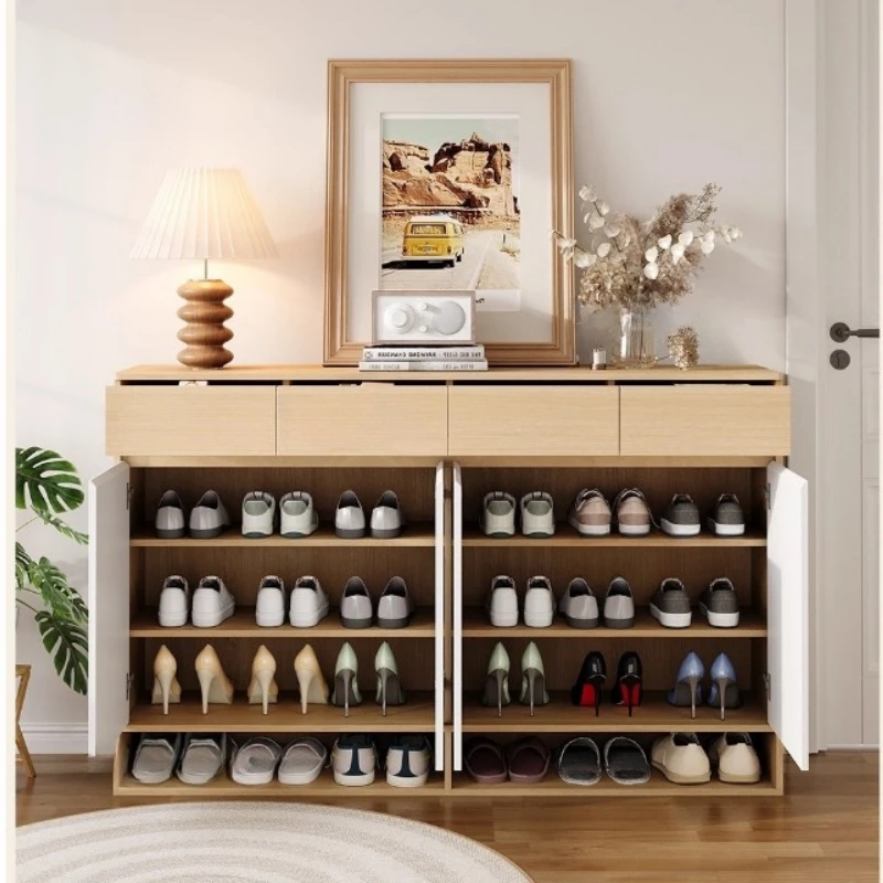 Modern Cream Style Shoe Cabinet Minimalist Entryway Storage Cupboard Home Furniture Organizer Design Elegant Aesthetic Decor