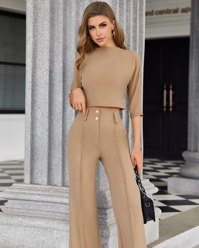 Elegantes 2-teiliges Damen-Büro-Outfit-Set mit Stehkragen, bauchfreies Oberteil und geknöpfter Hose mit Tasche, passende Sets für Damen-Arbeitskleidung – Detail 6