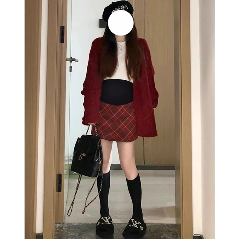 Autumn Winter Maternity Red Plaid Skirt Japanese Style High Waist Pregnant Woman Mini Skirt Slim Pregnancy Woolen A-line