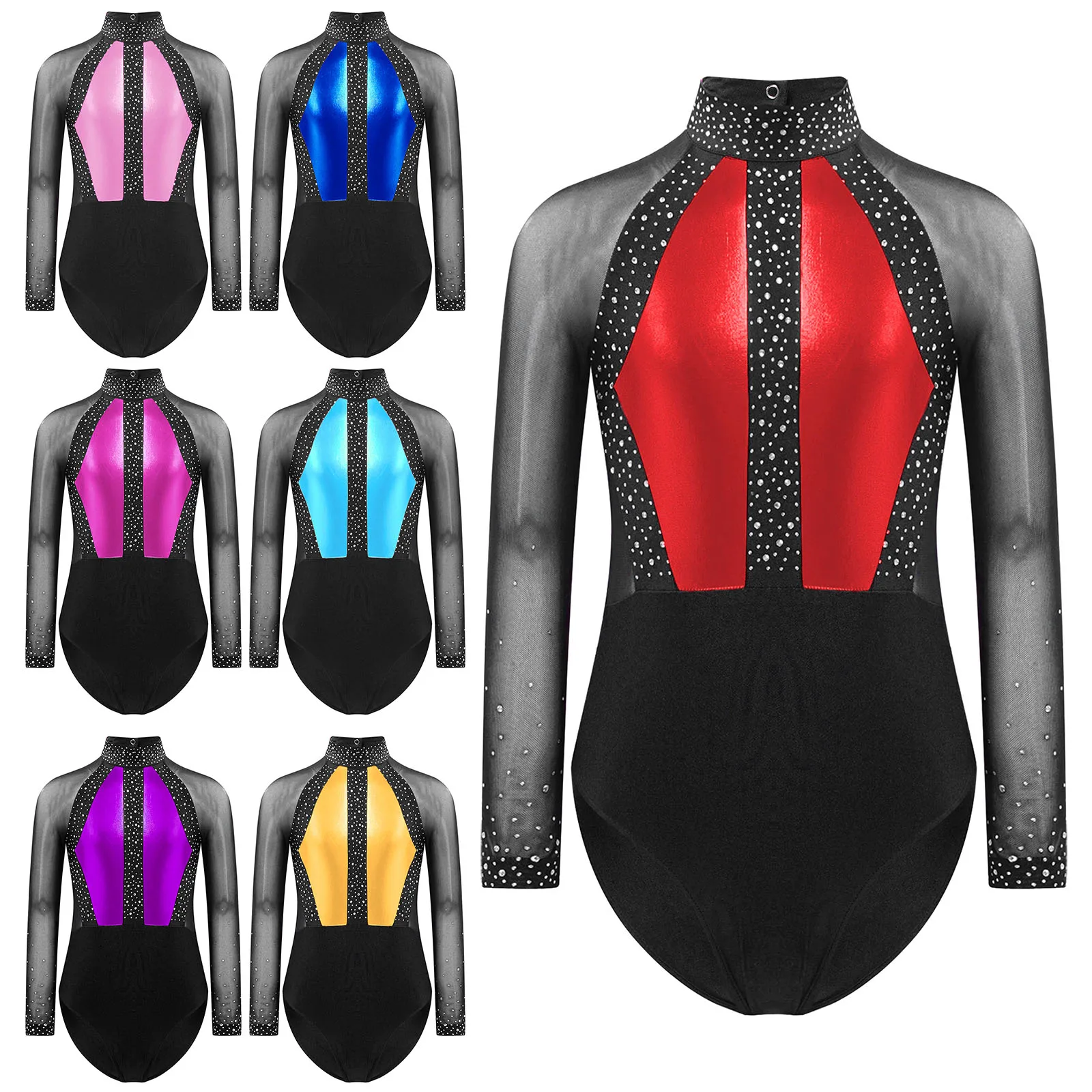 Girls Dance Costumes Ballet Leotard Dance Leotard Kids Rhinestone Mesh Long Sleeve Keyhole Back Gymnastics