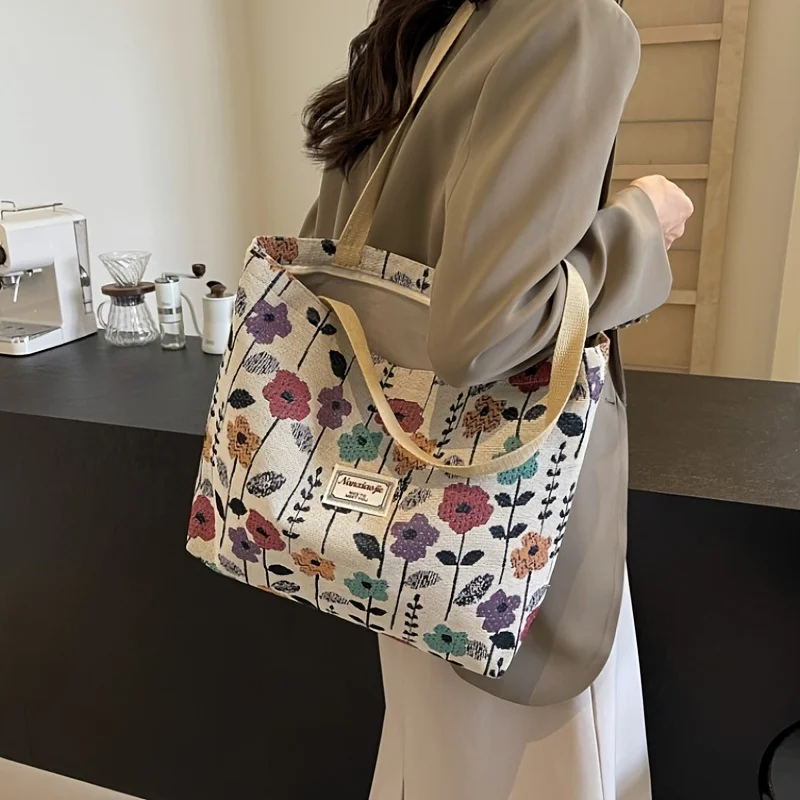 New Women's Casual Shoulder Bags Flower Print Canvas Handbags Large Capacity Daily Commuting Shopping Bag