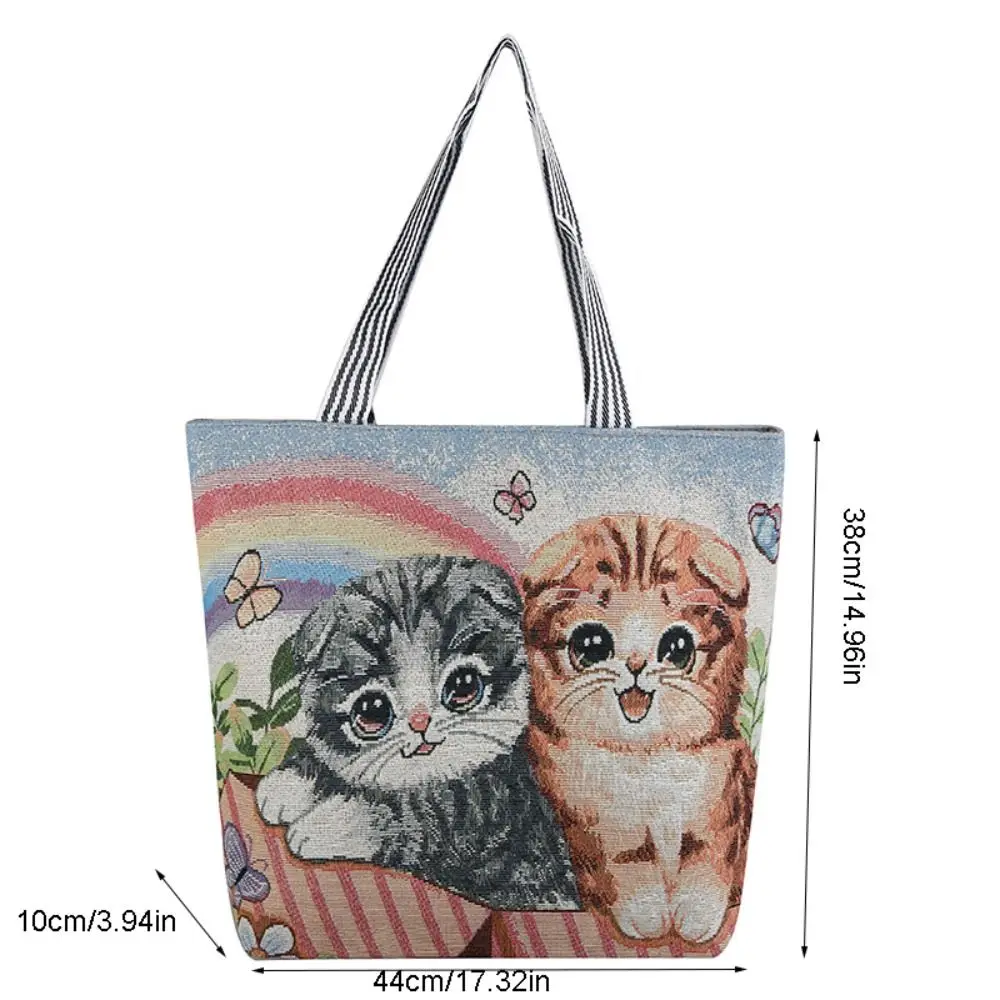 Embroidery Ethnic Style Handbag Trendy Dog Canvas Animal Shoulder Bag Handbag Tote Bag Cute Cat Cloth Bag Travel