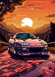 Japanese Landscape Canvas Painting GTR Car Art - Modern Aesthetic Wall Decor - 55X80cm Unframed (S37 - e)
