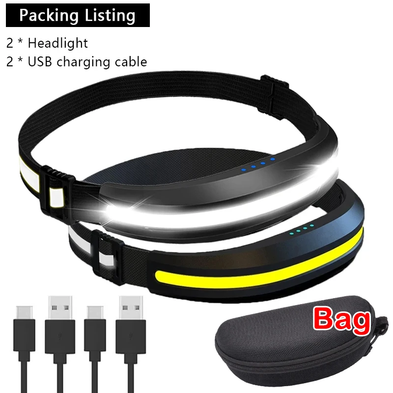 강력한 휴대용 COB 헤드램프, USB 충전식, 레드 및 화이트 조명, 작업등, 야외 캠핑 낚시 투광 조명, 헤드라이트