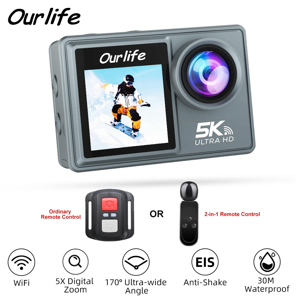 Ourlife 5K Action Camera 4K60FPS IPS Touch LCD DVR EIS 170° 30M Waterproof 5X Zoom Sport Camera With Wireless Mic&Remote Control