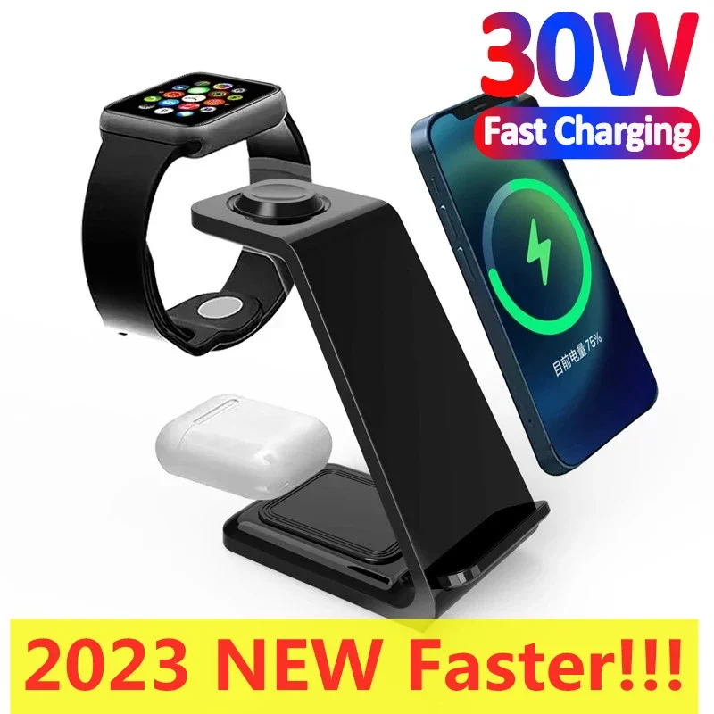 

30W 3 in 1 Wireless Charger Stand Fast Charging Dock Station for iPhone 14 13 12 11 X XR 8 Apple Watch 6 7 8 iWatch Airpods Pro
