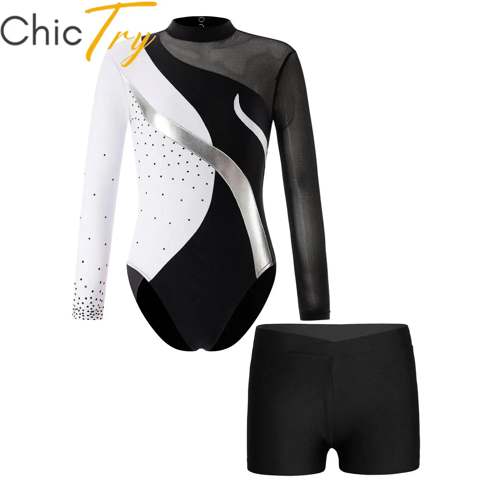 

Kids Girls Ballet Dance Sets Shiny Gymnastics Leotard with Shorts Suit Figure Skating Dancewear Stage Costume Show Sports Outfit