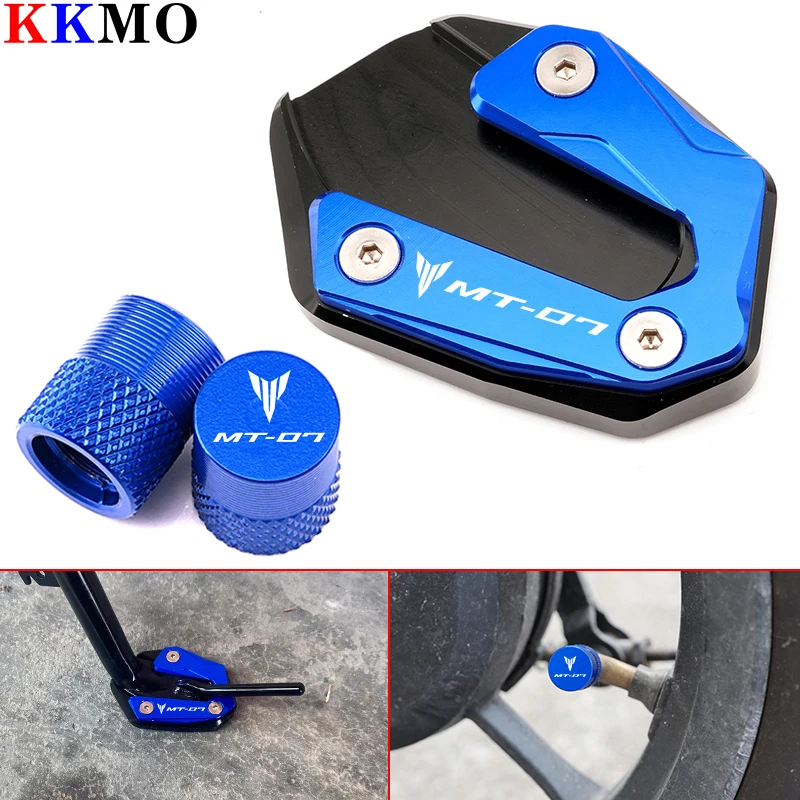 

MT07 Accessories Motorcycle Kickstand Foot Side Stand Enlarger Pad & Tire Valve Cap For YAMAHA MT07 MT-07 MT 07 FZ07 2014-2024