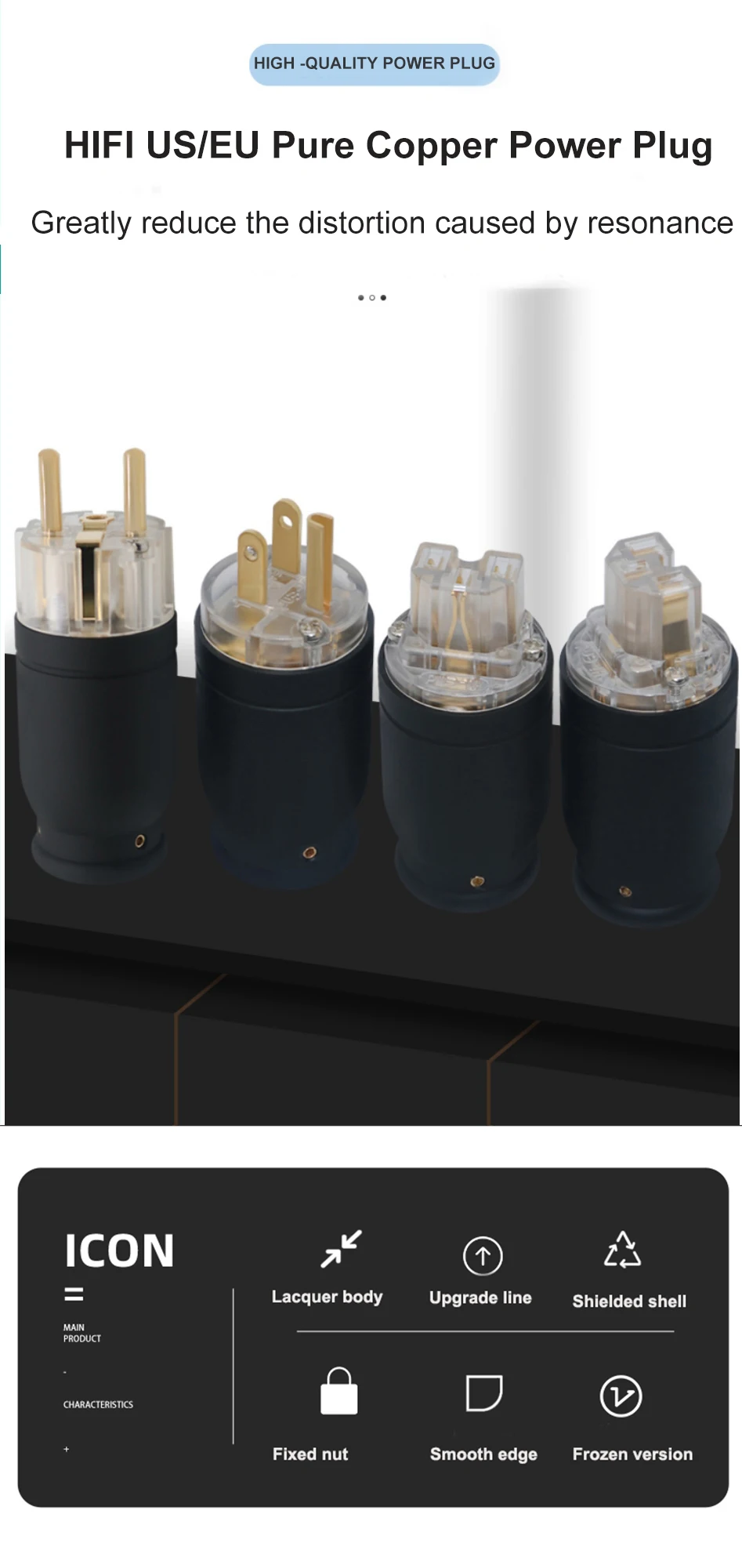 AC Elektrische Stecker XSSH Audio HIFI 22mm Große Schwarz Aluminium OFC Kupfer Überzogene Gold 15A EU UNS Stecker IEC buchse Power Stecker – Detail 1