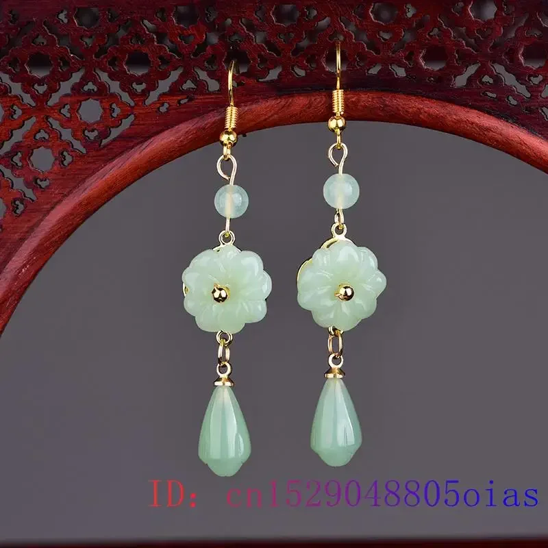 Boucles D'oreilles Argent Sterling 925 – Jade Néphrite Naturelle, Fleurs (neuves)