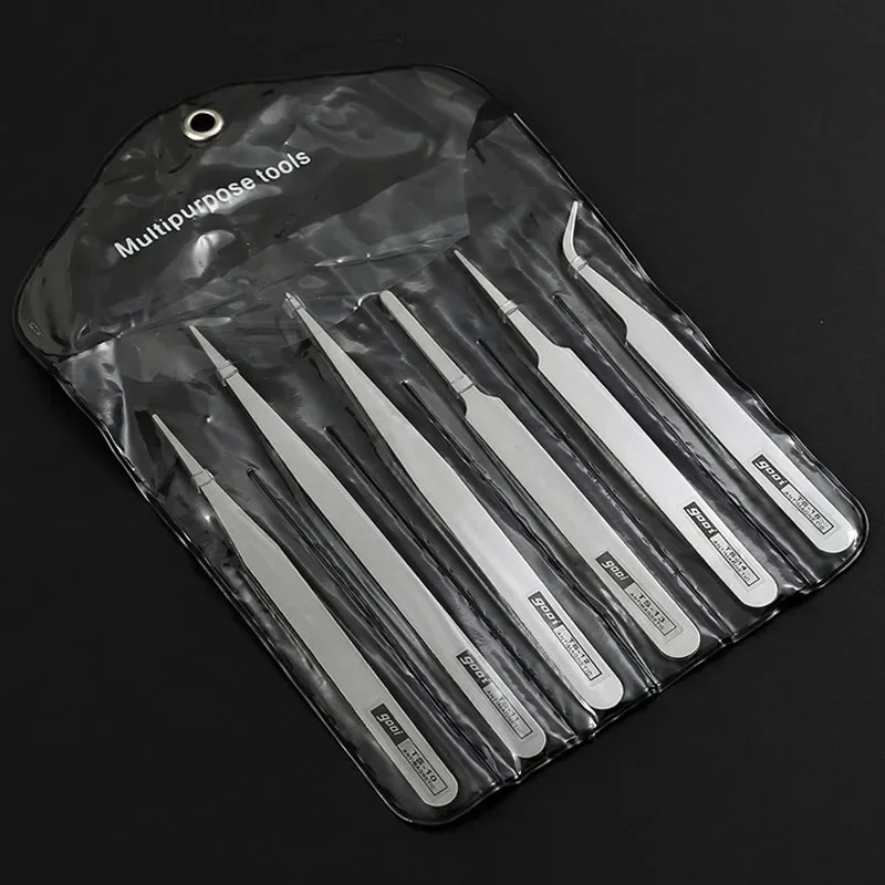 6Pcs/Set stainless steel tweezers anti-static precision bent straight tweezers mobile phone jewelry repair tool DIY hand tools precision tweezers tweezer tool esd anti static tweezers phone repair tweezers