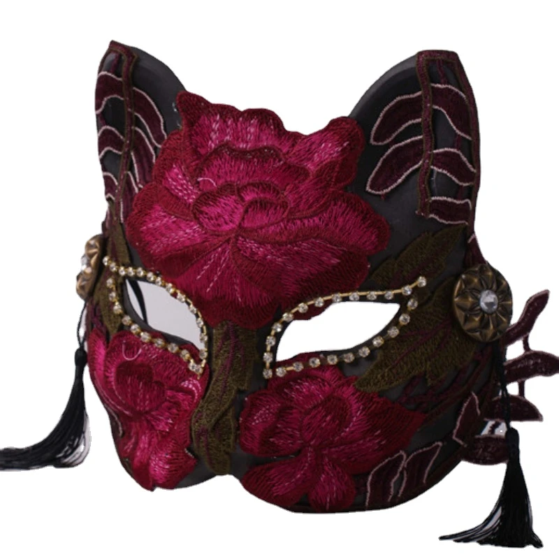 Wine Red Cat Face Half Face Halloween Masquerade Party Second Dimension