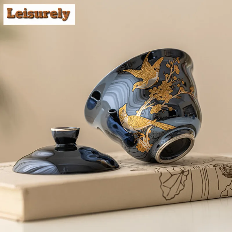 110ml High End 999 Silver Gilded Gaiwan Retro Pearl Glazed Flower And Bird Tea Tureen Tea Making Cover Bowl Drinkware Collection