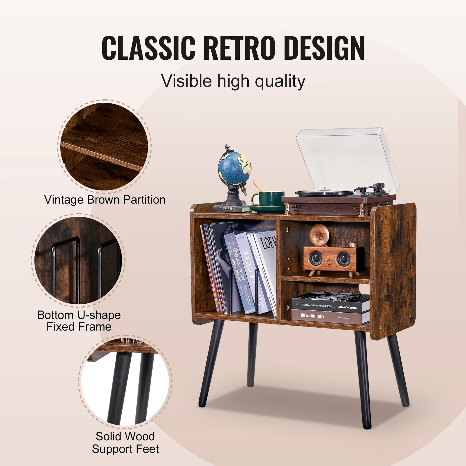 Wooden Record Player Stand with Removable Shelf for Living Room