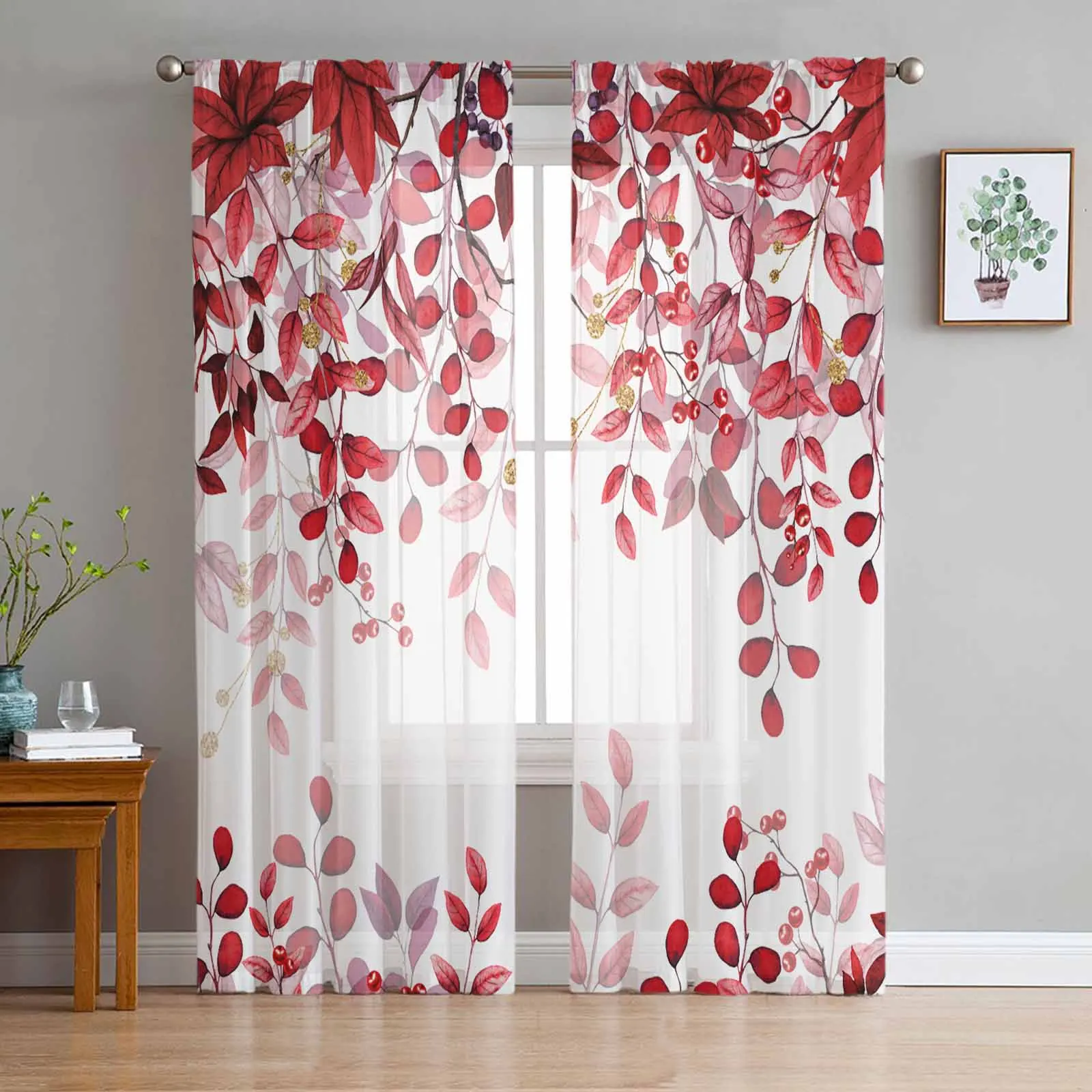 

Abstract Red Leaves Branch Sheer Curtains for Bedroom Living Room Decoration Window Curtain Kitchen Tulle Voile Organza Drapes