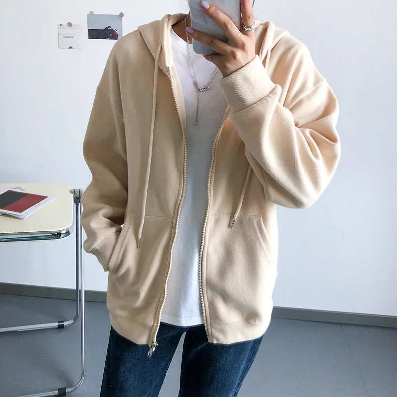 

Zipper sweater women's spring and autumn new gray hooded cardigan Korean version loose casual jacket cotton top