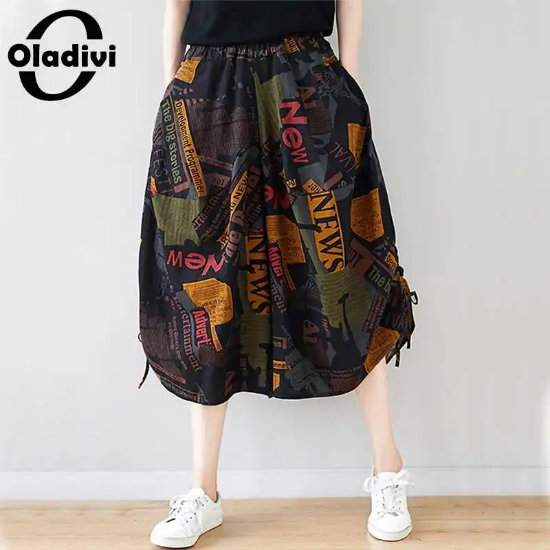 

Oladivi 4 Colors Oversized Fashion Print Wide Leg Pants Women Casual Loose Bottoms Lady Cotton Linen Capris Big Leg Trousers 5XL