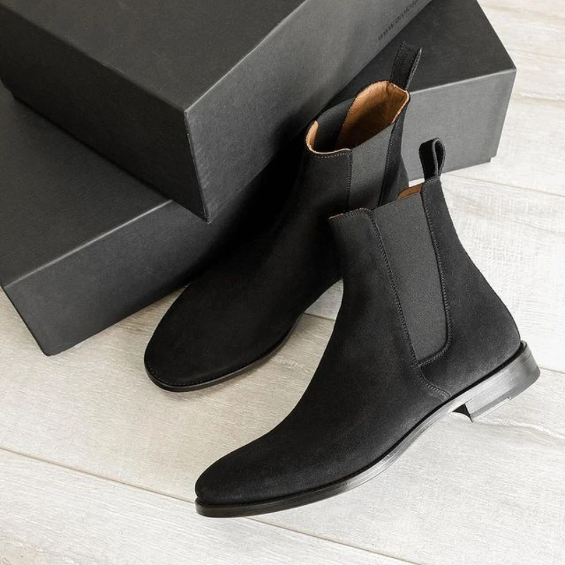 Men Chelsea Boots Business Flock Round Toe Slip-On Size 38-48