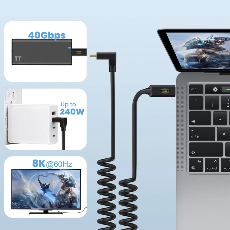 용수철 확장형 USB4 듀얼 헤드 C타입 데이터 케이블, 고속 동축 PD 케이블, 8K 60HZ 번개 노트북, 40Gbps, 240W, 48V, 5A