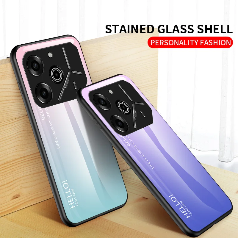Gradient Grain Tempered Glass Hard Back Phone Case with Silicone Bumper