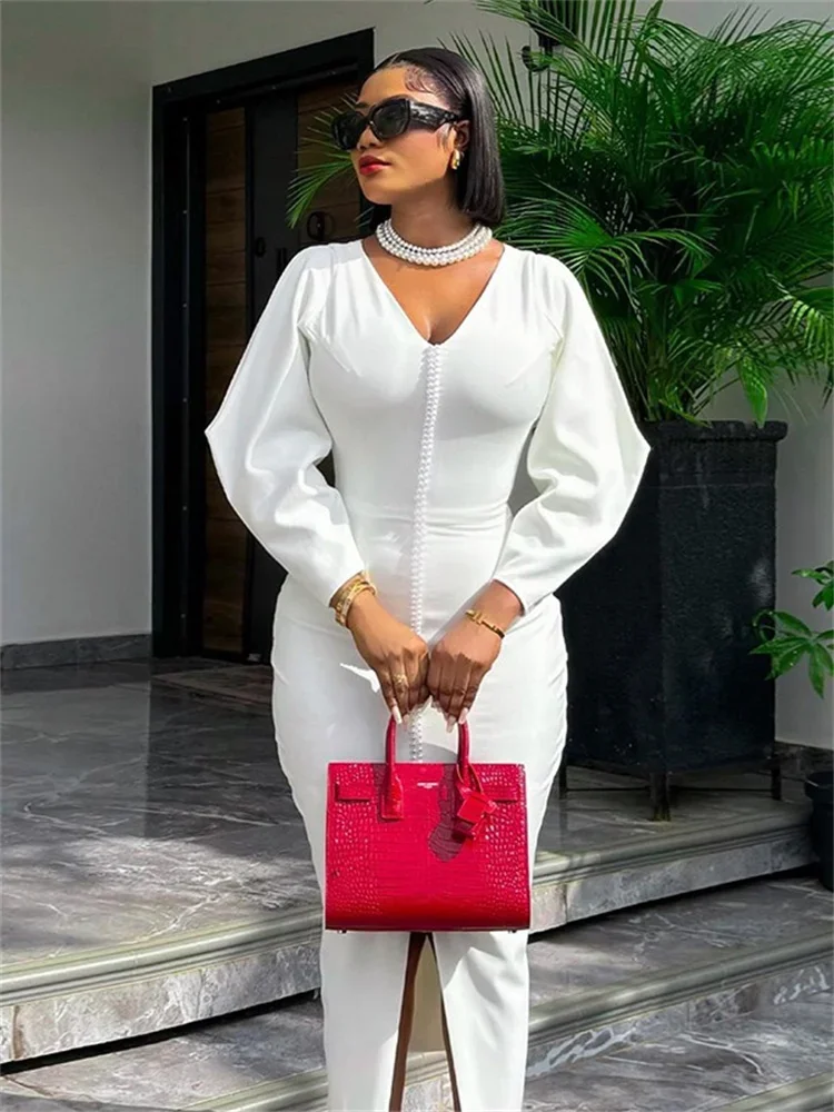 Wmstar Dress for Women 2024 Solid Color Party Sexy Beading Slip Hem Bodycon V Neck Dresses Fall Clothes Wholesale Dropshipping