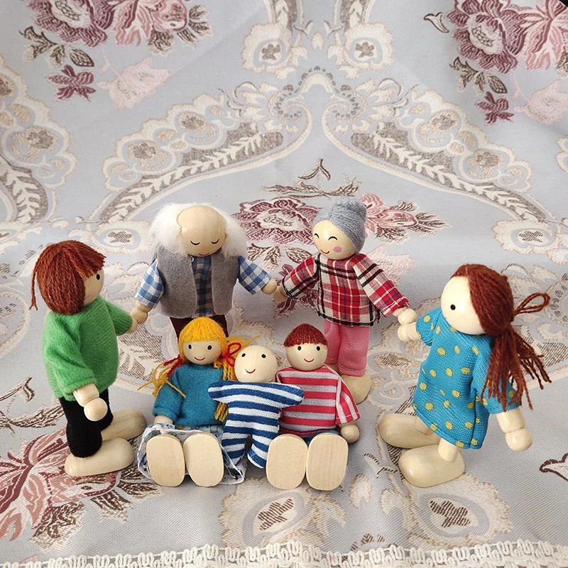 Mini Dolls Toys Wooden Furniture Miniature Toy Mini Wood Dolls Family Doll Kids Children House Play Toy Happy Dollhouse Boys Figures Girls Gifts