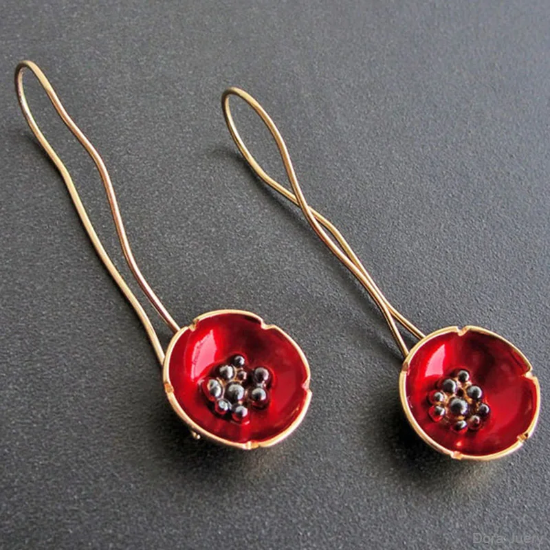 Red Flower Drop Dangle Earrings for Women Gold Color Twist Long Hook Earrings