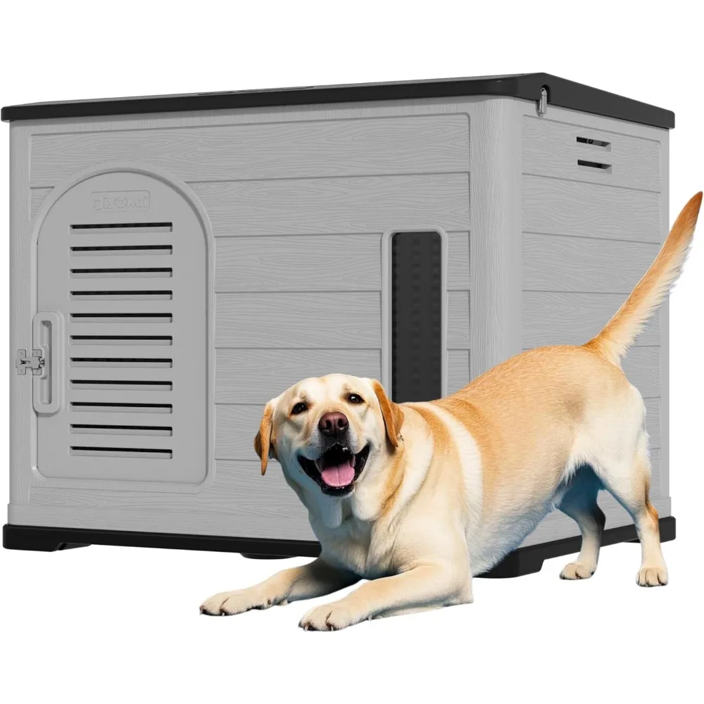 XLarge Durable Plastic Dog House for Big Dogs – Indoor Outdoor Double-Layer Insulated Doghouse with Open-Top Cover, Lockable Sli
