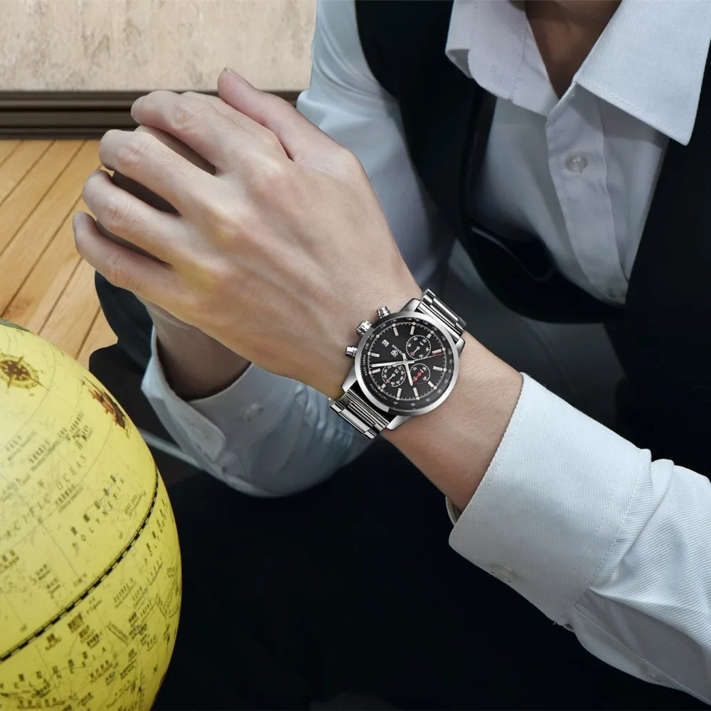

BENYAR Fashion Chronograph Sport Mens Watches Top Luxury Military Stainless Steel Bracelet Quartz Watch Relogio Masculino