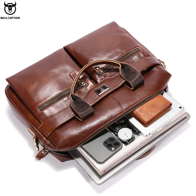 Men's Leather Briefcase 15.5-Inch Notebook Large-Capacity Work Bags Business Shoulder Messenger Bag