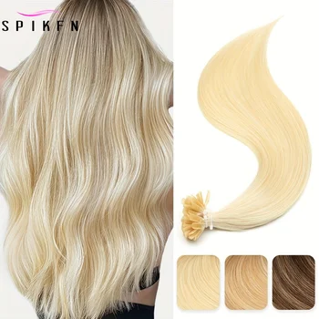 SPIKFN Nail U Tip Human Hair Highlight Blonde Pre Bonded Hair Extensions 50pcs/pack Natural Straight Hot Fusion Hair 30G