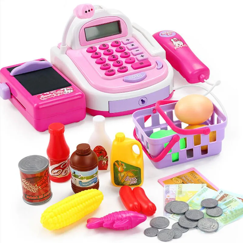 

Mini Simulated Supermarket Checkout Counter Role Play Cashier Cash Register Set Kids Pretend Play Early Educational Toys