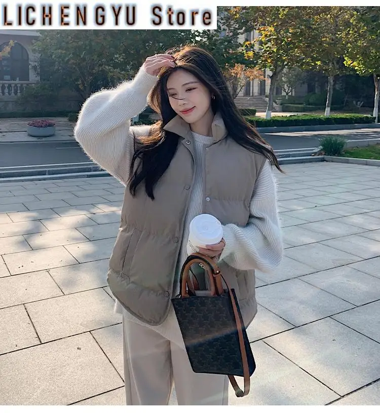 New Vest for Women Autumn Winter Loose Solid Color Cotton Waistcoat Vest Stand-up Collar Single-breasted Women Vests Coat