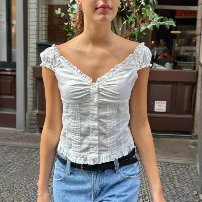 Camicetta Babydoll Y2K Per Donna - Scollo A V, Maniche Ad Aletta, Volant, Slim Fit - Tinta Unita Estate, Stile Fata Grunge