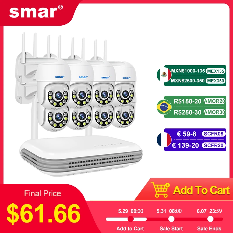 Smar Wireless Camera System 8CH 4MP Outdoor PTZ Camera Kit CCTV Two Way Audio Color Night Vision Video Surveillance Set ICsee