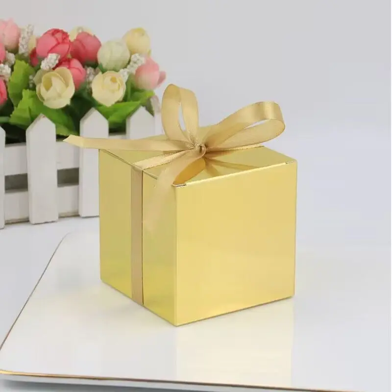 

50Pcs Birthday Party Decoration European Square Solid Candy Box Chocolate Favor Gift Box Packaging Bag With Ribbon Wedding