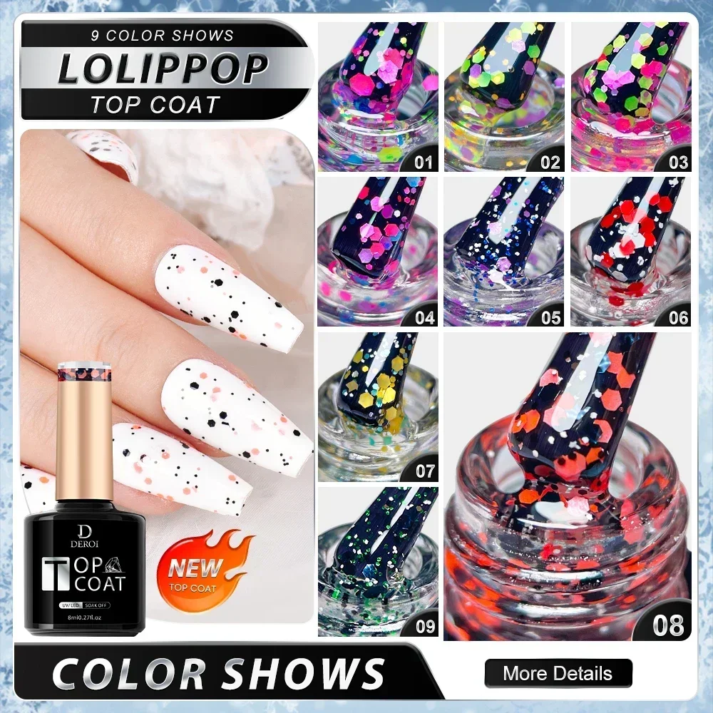 DEROI No Wipe Gel Top Coat with Yellow Sequin for Manicure Diamond Matte Topcoat Flash Glitter Nail Polish for Nail Art Soak Off 3
