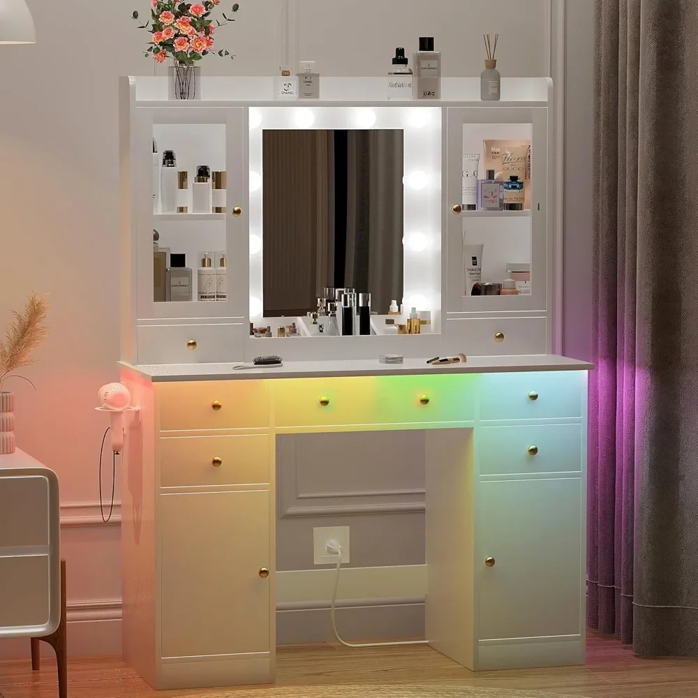 Cabinets Makeup Vanity Table Vanity Desk with Mirror and Lights, White Vanity Mirror with Lights Desk and Chair &7 Drawers 3