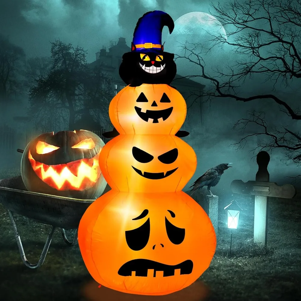 

7.5 FT Halloween Inflatables Outdoor Decorations -Blow Up Pumpkin&Cat Halloween Yard Decorations,Build-in LED Lights Décor