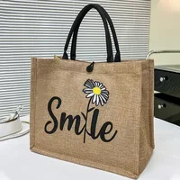 Hand-Painted Woven Canvas Tote Bag for Women – Stylish Letter Print Shopping Handbag, Artistic Casual Shoulder Bag for Daily Use