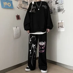 Mingliusili harajuku imprimir e menina perna larga calça feminina primavera moda alta rua calças de cintura alta solto casual calças pretas