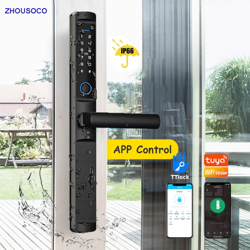 

Aluminum Sliding Door Lock Waterproof Tuya Wifi TTLock APP Biometric Fingerprint Card Digital Code Smart Lock for Glass Door