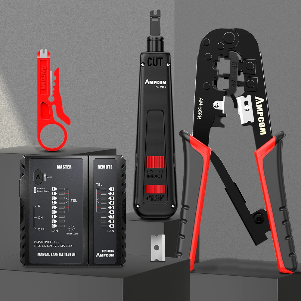 ampcom crimper lan tester conjunto de ferramentas ethernet cabo stripper soco para baixo ferramenta rj conectores em conjunto de reparo de cabeamento