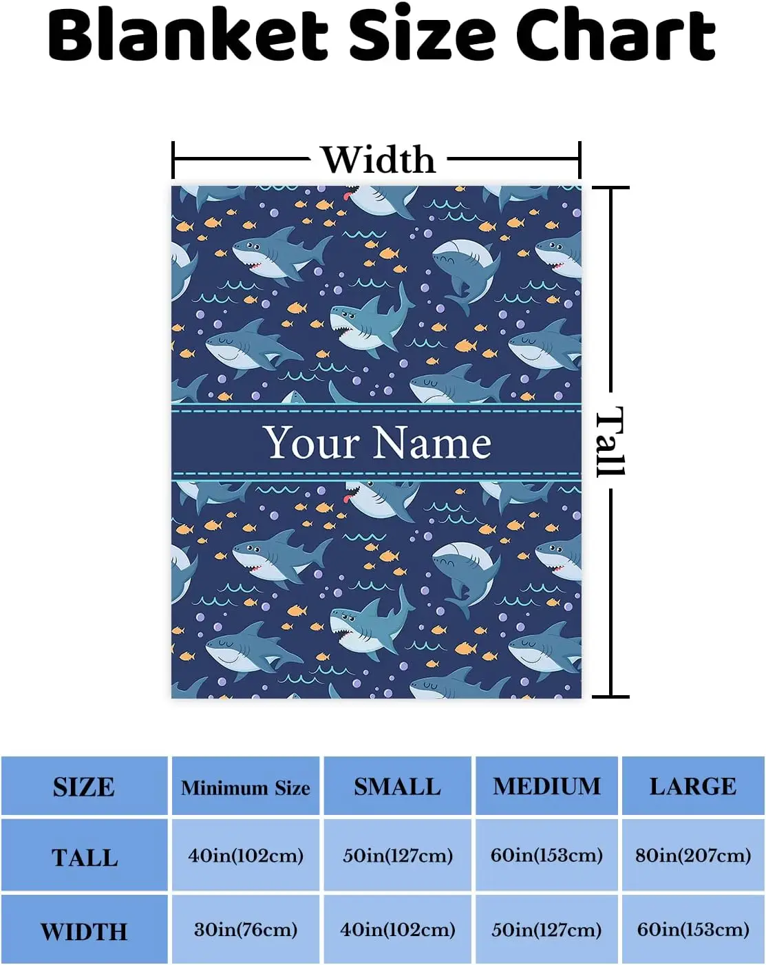 Blue Sharks Blanket, Customized Name Shark Blanket Gifts for Kids Adults, Soft Cozy Flannel Fleece Throw Blanket for 6