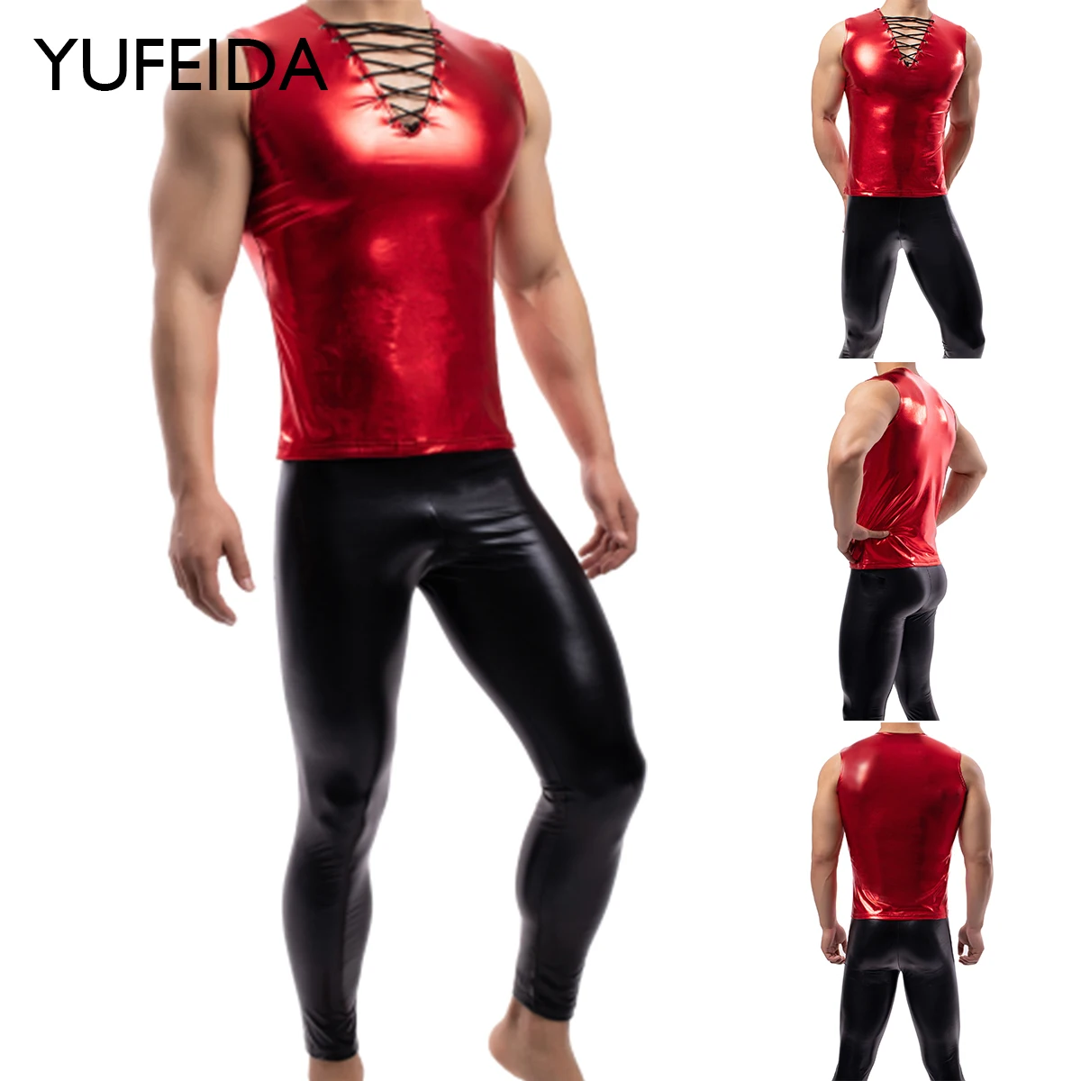 YUFEIDA Sexy Men Undershirt Legging Sets PU Leather Shirt Sleeveless Vest Skinny Pant Stage Party Dance Clubwear Men Clothes Set 2023 summer sexy bodycon rompers women u neck sleeveless tank thin jumpsuits casual female backless party clothes