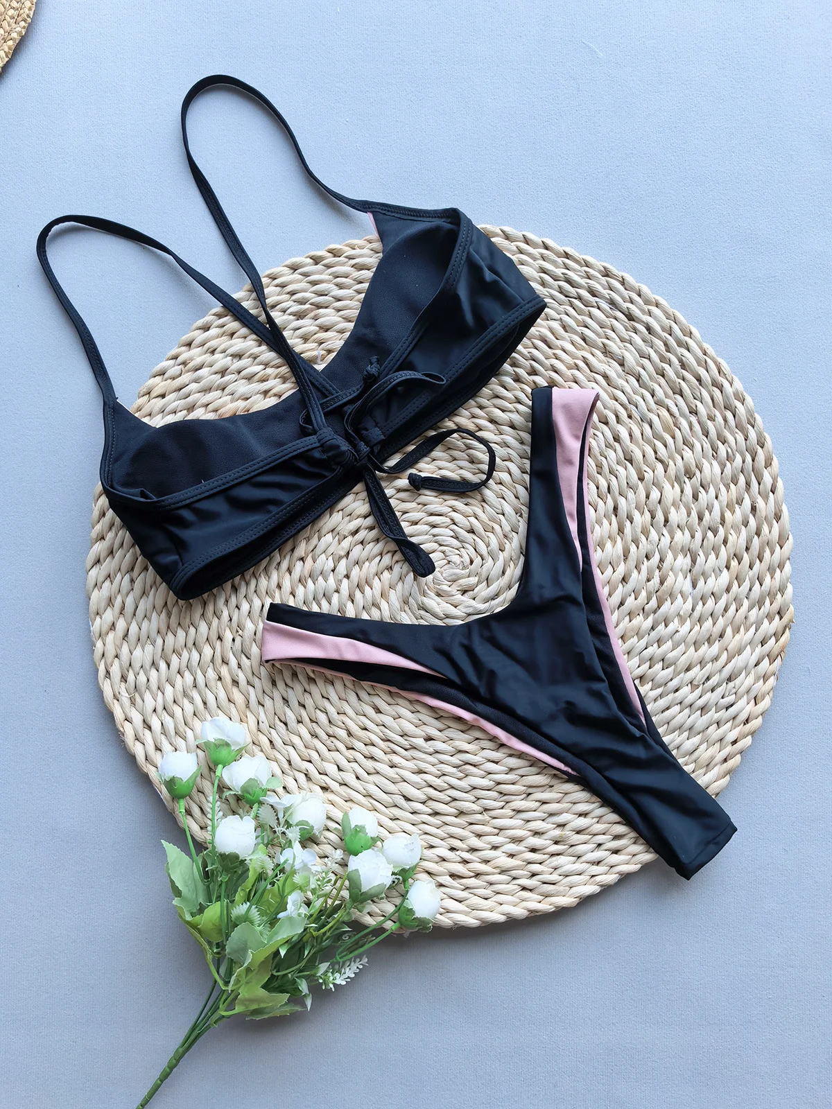 Sexy Black Contrast Bikini Set Women Halter Push Up Thong Swimsuit 2025 Summer Bathing Suit Holiday Two Piece Swimwear Biquini