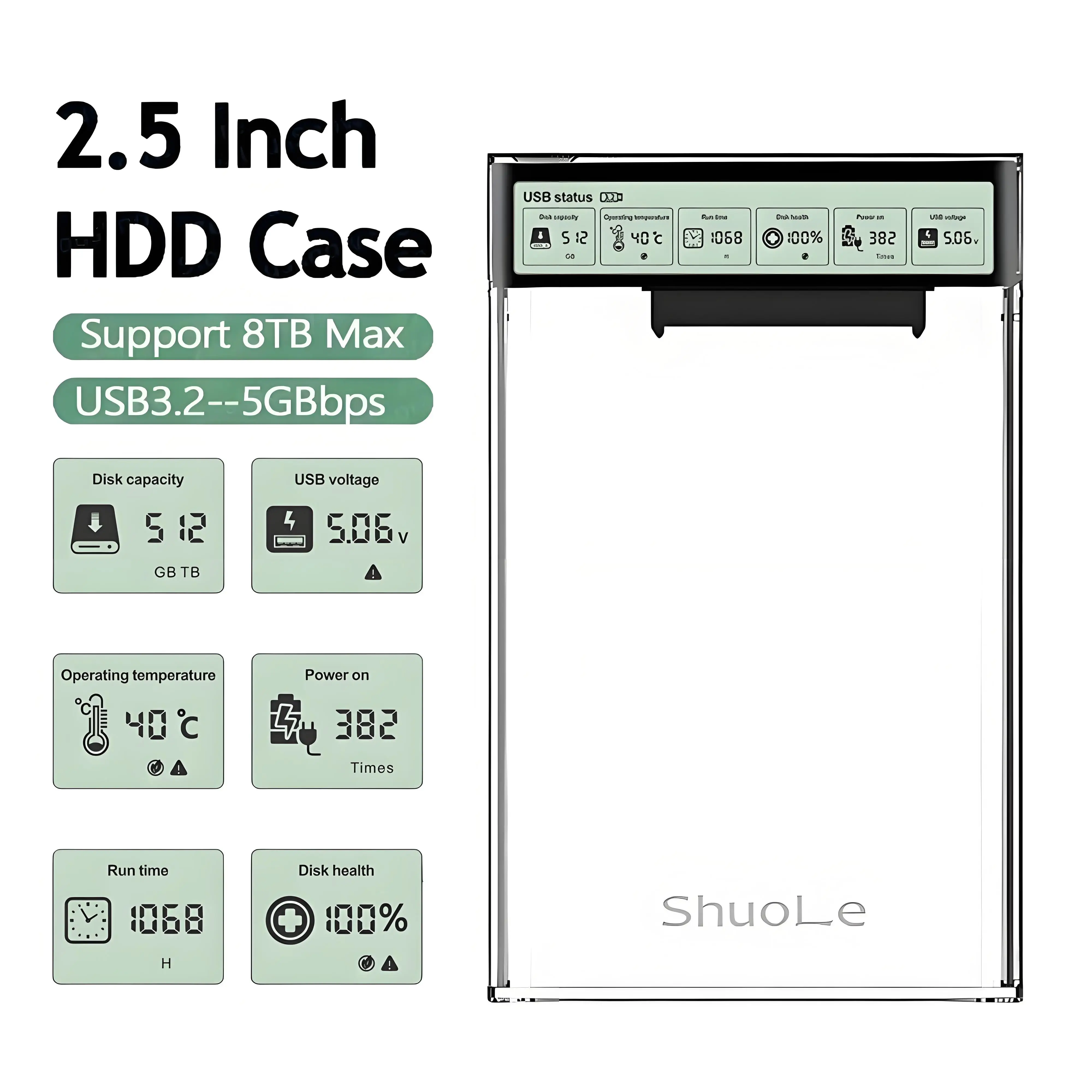 KEBIDU 2.5'' HDD SSD 케이스 스마트 디스플레이 외장 HDD 인클로저 USB3.2 Gen2 하드 드라이브 노트북 PC용 투명 휴대용 스토리지 케이스 ,2.5'' HDD SSD Case Smart