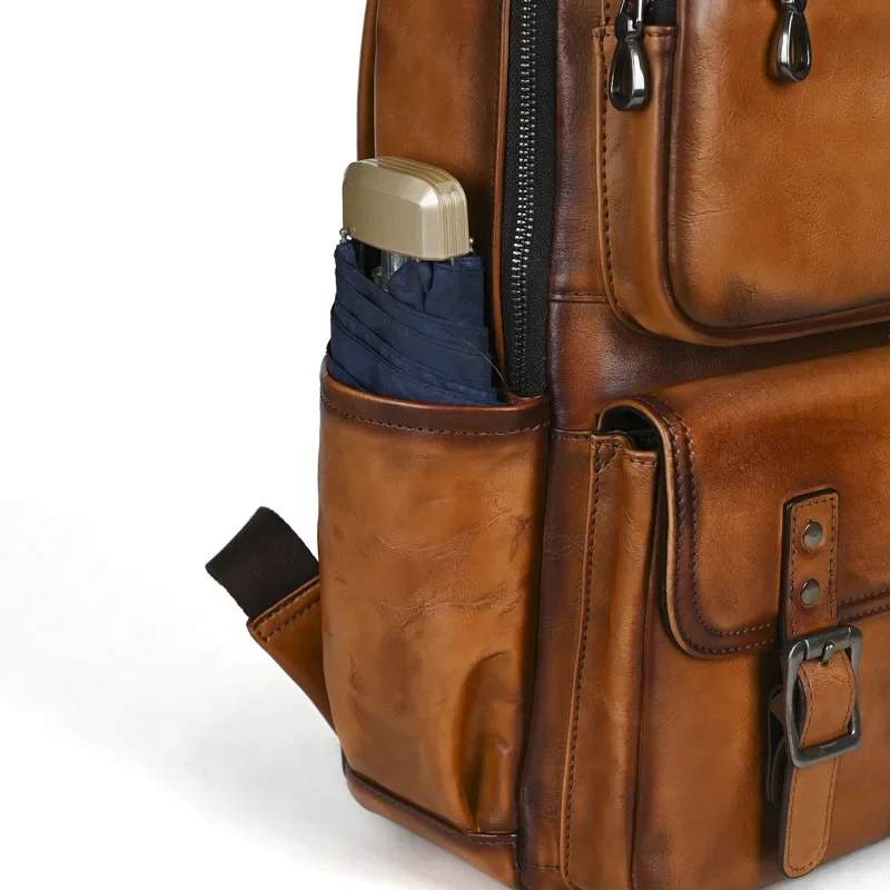 Retro Unisex Genuine Leather Handcrafted Backpack with Vintage Fading Effect