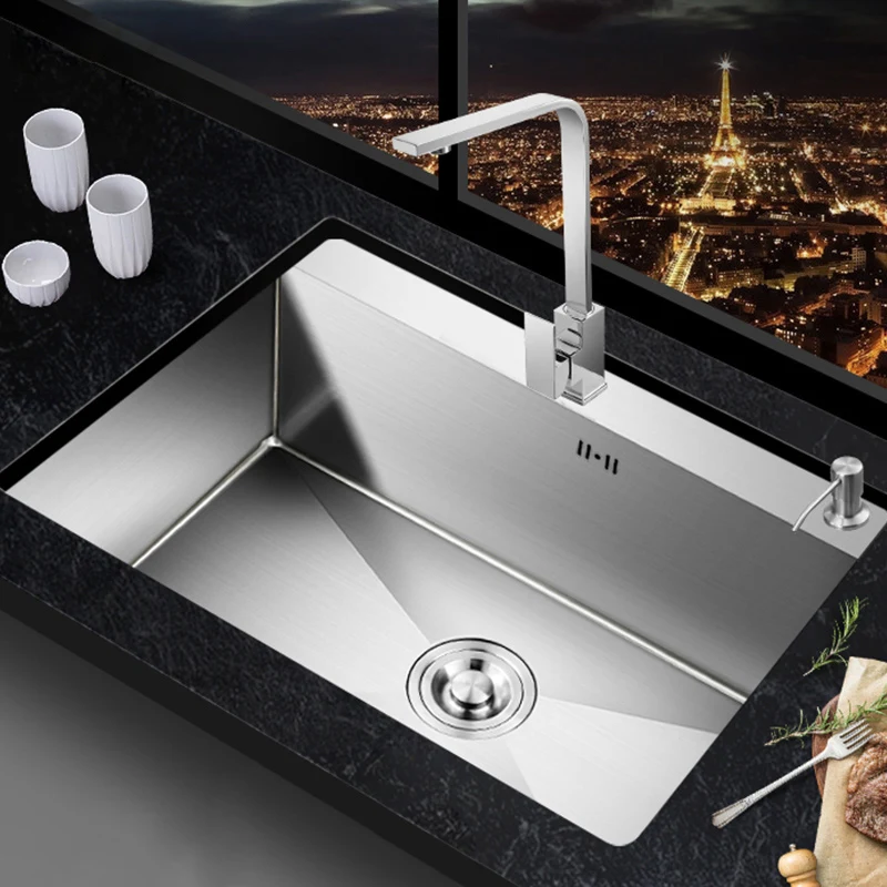 Kitchen sink lead-free handmade brushed 304 stainless steel 3mm thickness single bowl large size kitchen sink